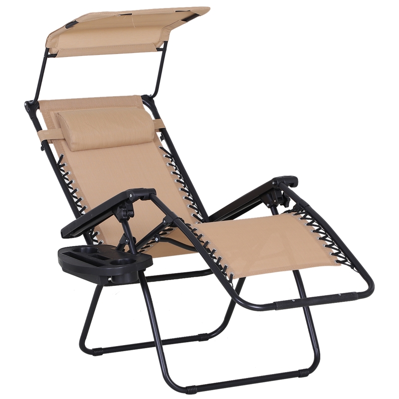 Best Foldable Reclining Garden Chair with Headrest, Zero Gravity Deck Sun Lounger Seat Chair with Footrest, Armrest, Cup Holder & Canopy Shade, Beige - Image 13