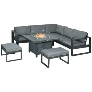 Best 6-Piece Aluminium Garden Furniture Set with Fire Pit Table, Outdoor Dining Sofa Set with Cushions, Loveseats and Footstools, Sectional Corner Conservatory Furniture for Patio, Grey