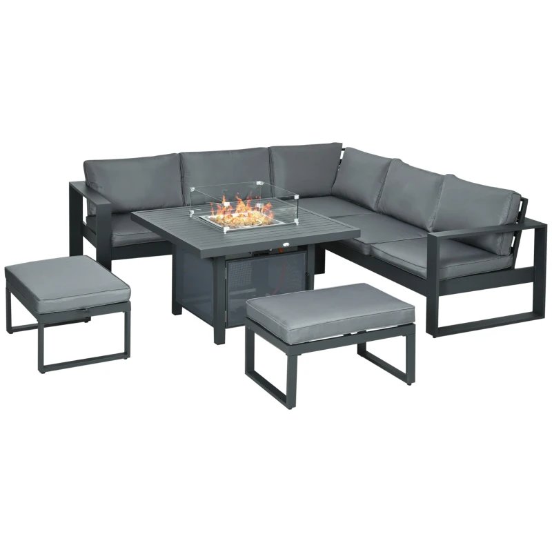 Best 6-Piece Aluminium Garden Furniture Set with Fire Pit Table, Outdoor Dining Sofa Set with Cushions, Loveseats and Footstools, Sectional Corner Conservatory Furniture for Patio, Grey