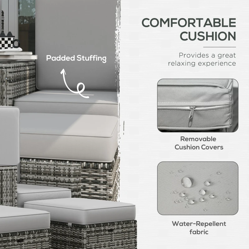 Best Rattan Sun Lounger w/ Storage Tea Table & Footstools, Grey - Image 5