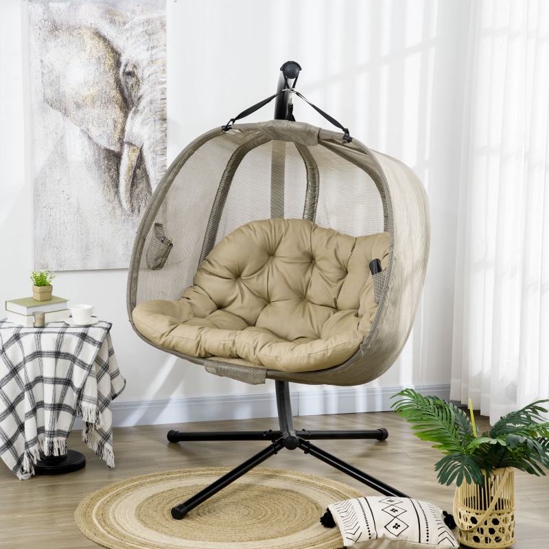 Best Double Hanging Egg Chair 2 Seaters Texteline Swing Hammock Chair with Stand, Cushion and Folding Design, for Indoor and Outdoor, Brown - Image 10