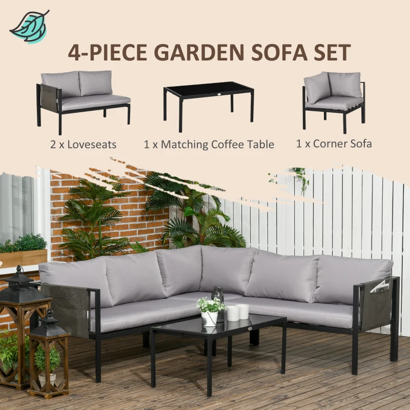 Best 5 Seater Garden Corner Sofa Set, 4 Pieces Metal Garden Furniture Set with Loveseats, Glass Top Coffee Table, Breathable Mesh Pocket, Outdoor Conversation Furniture with Cushions, Light Grey - Image 4