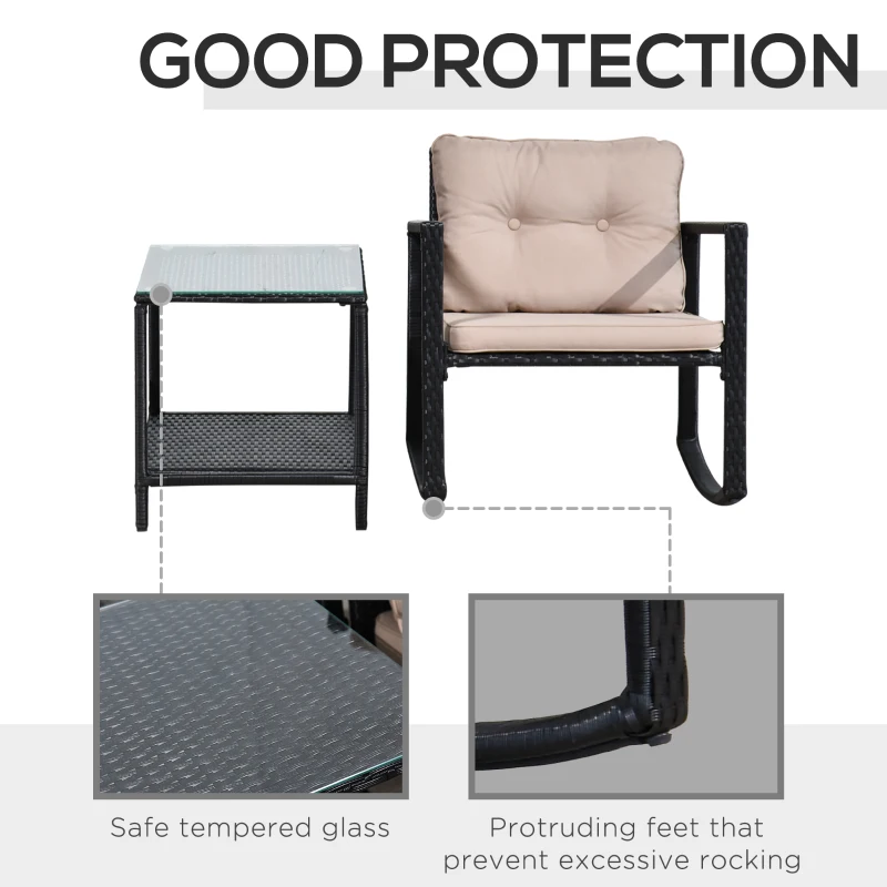 Best 3 Pieces Rattan Garden Rocking Chair Set, Outdoor Rocking Bistro Set w/ 2 Cushioned Armchair and Glass Top Two-tier Coffee Table, Black - Image 7