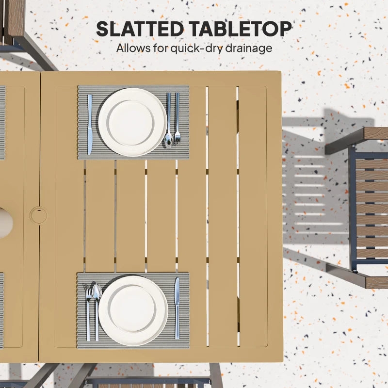 Best Garden Dining Table for 6 Person, Rectangle Outdoor Coffee Table with 5 cm Parasol Hole, Slatted Tabletop and Steel Frame for Patio Balcony, Brown - Image 6