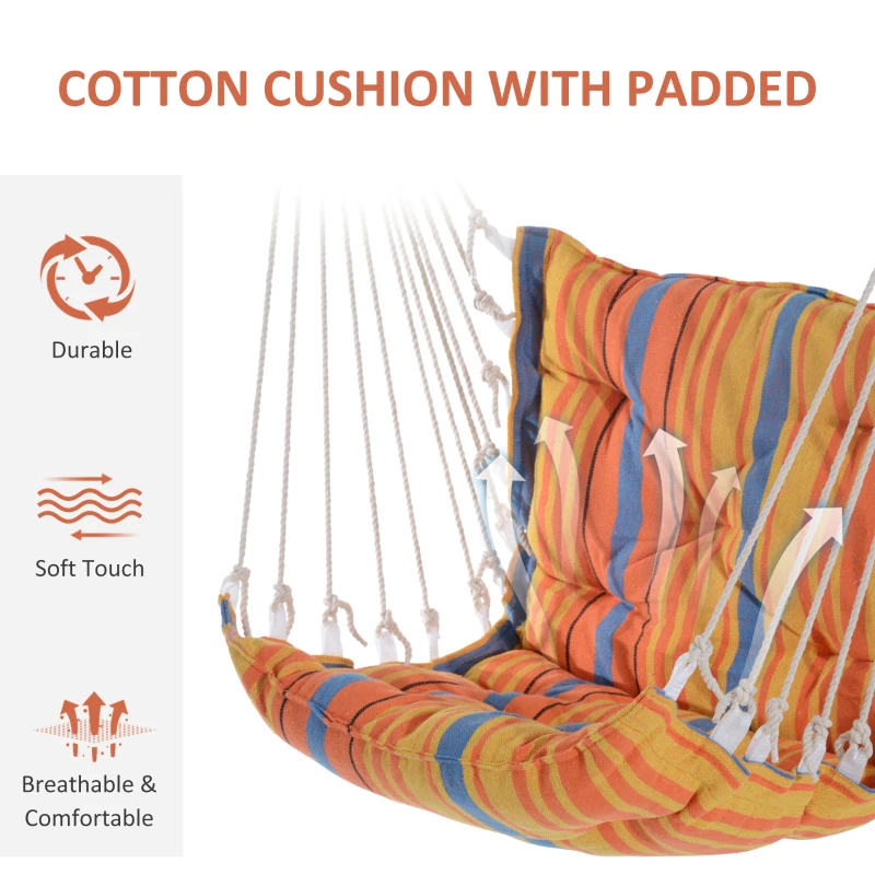 Best Outdoor Hanging Rope Chair with Soft Padded Seat & Backrest, Garden Hammock Chair with Wooden Support Bar Cotton Cloth, Portable Garden Chair for Patio & Tree, Orange - Image 5