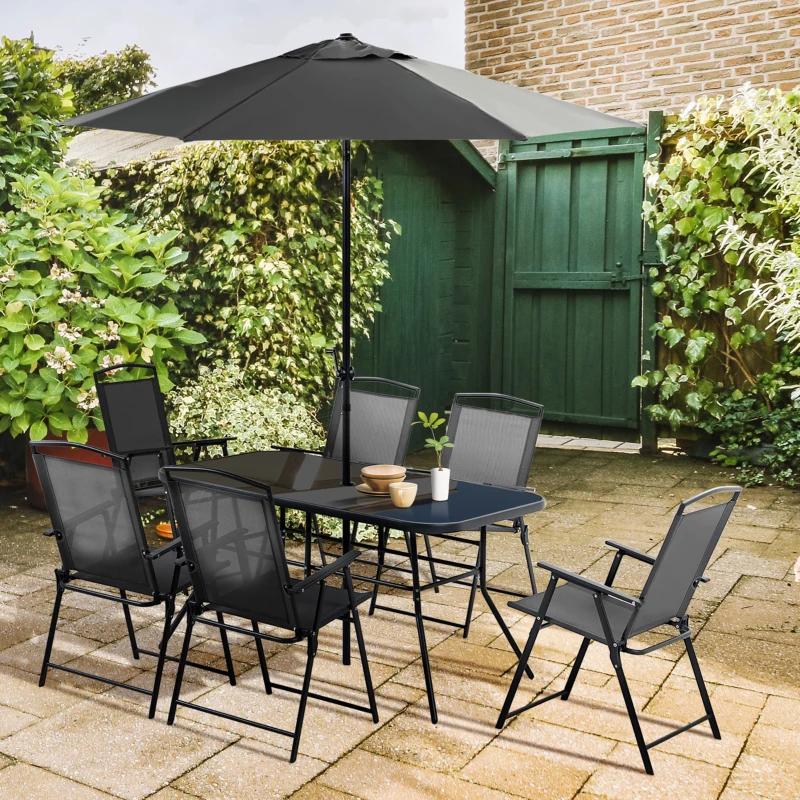 Best Eight-Piece Garden Dining Set, with Chairs, Table and Parasol - Black - Image 2