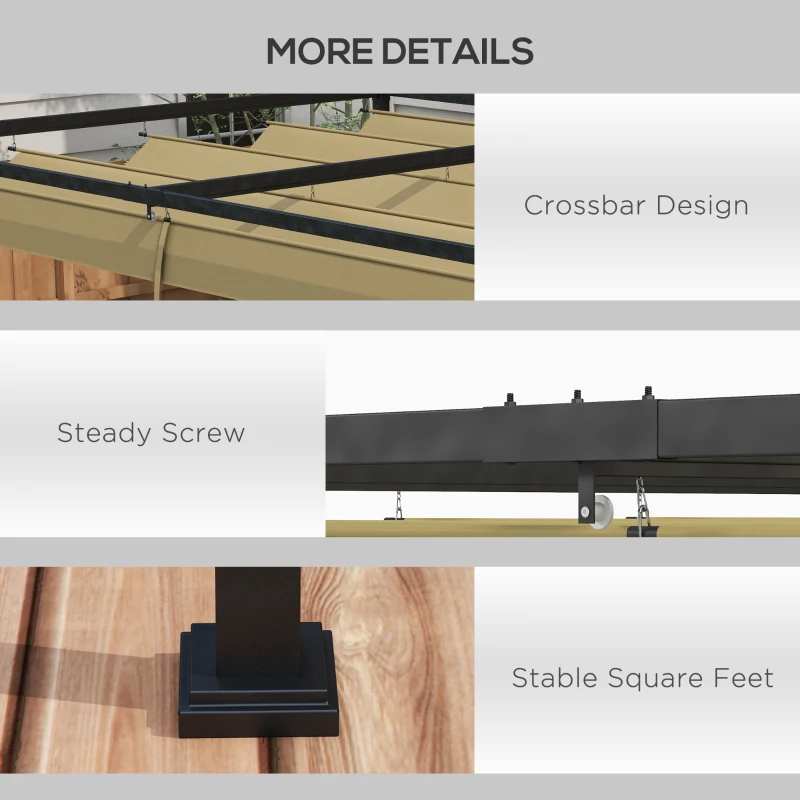 Best 3x2m Metal Pergola with Retractable Roof, Garden Gazebo Canopy Shelter for Outdoor, Patio, Khaki - Image 6