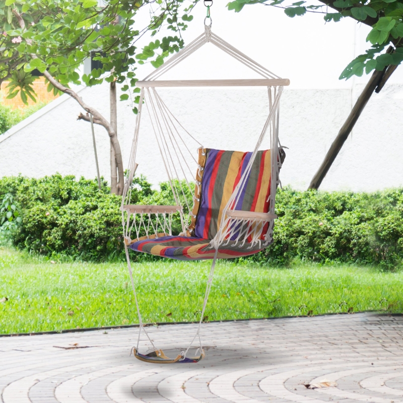 Best Hanging Rope Chair with Soft Padded Seat & Backrest, Portable Garden Hammoc Chair with Wooden Support Bar, Armrests, Cotton Cloth, Footrest, for Patio & Tree, Red - Image 10
