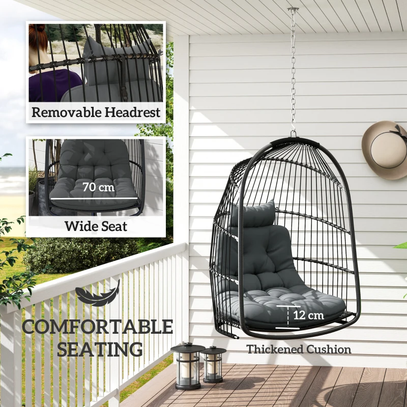 Best Hanging Egg Chair, Foldable Rattan Garden Swing Chair with Installation Kit, Thickened Cushion and Headrest, Indoor Outdoor Hanging Egg Basket Seat for Patio, Porch, Dark Grey - Image 4