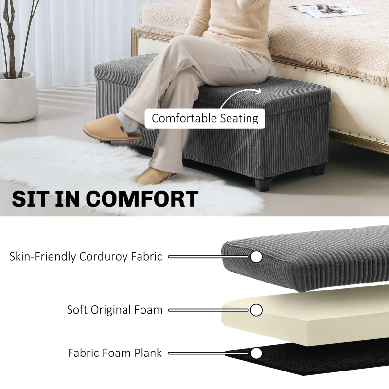 Best Storage Ottoman Bench, Corduroy Footstool with Removable Lid and Legs, 112cm Storage Chest Box for Living Room, Bedroom, Hallway, Grey - Image 5