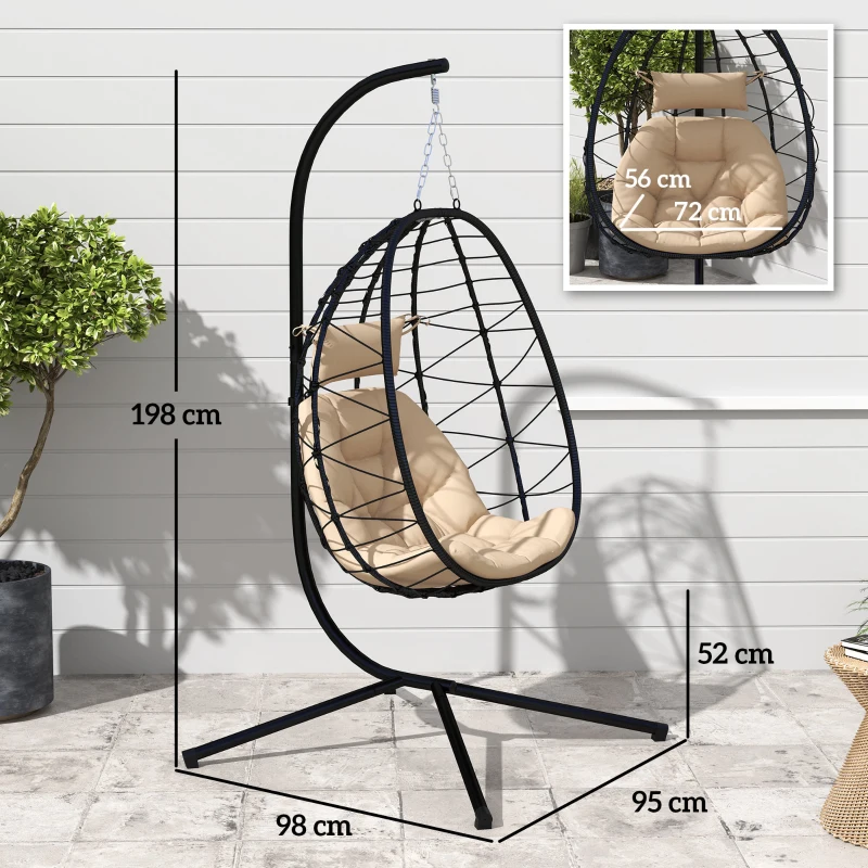 Best Hanging Egg Chair Outdoor Indoor Garden Swing Chair with Folding Basket, Thickened Cushion, Garden Hanging Chair with Stand, Headrest for Patio, Balcony, Khaki - Image 3