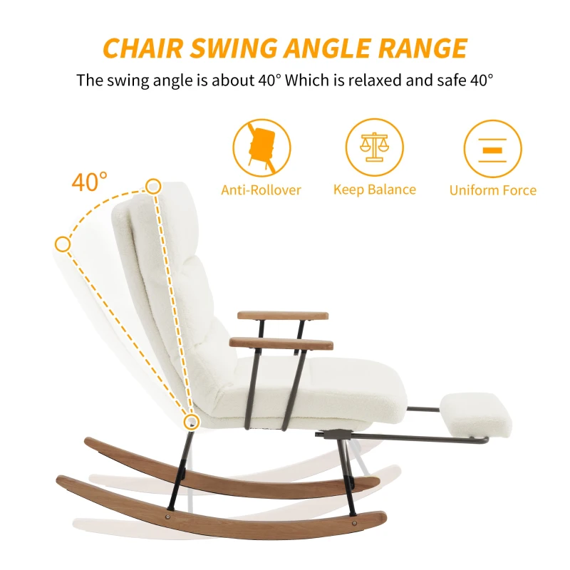 Fabric Tufted Boucle Armchair with Metal Legs, Wooden Base, High Back Rocking Chair for Living Room, Bedroom, 63.5x102x100 cm, White - Image 4