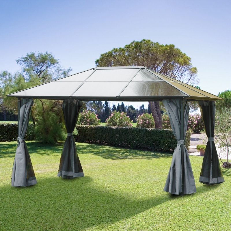 Best 3 x 4m Hardtop Gazebo Canopy with Polycarbonate Roof, Aluminium Frame, Permanent Pavilion Garden Gazebo with Netting and Curtains - Grey - Image 10