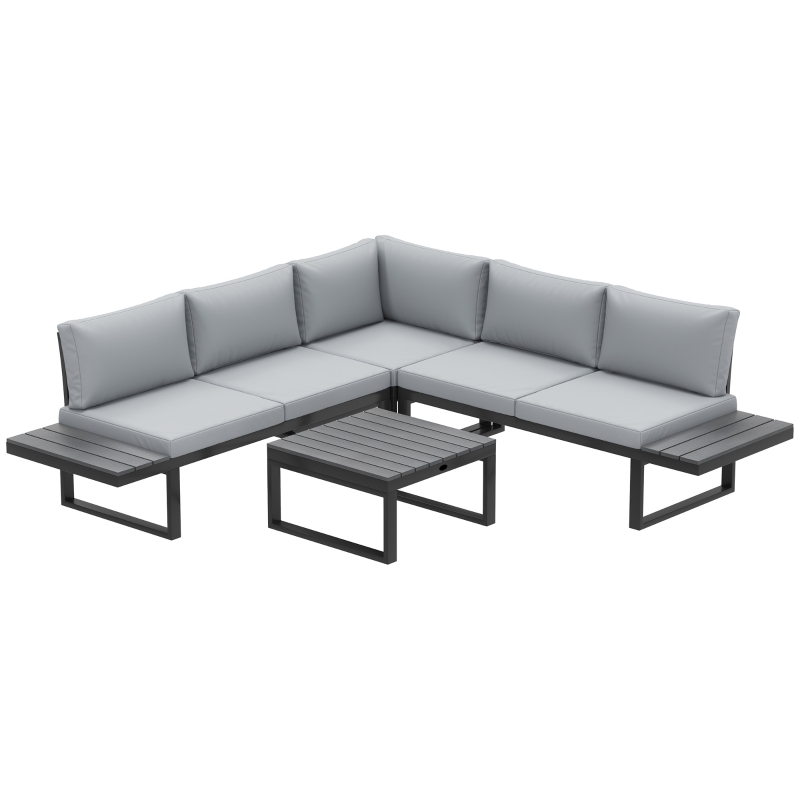 Best 4 Pieces Garden Furniture Set, 5-Level Reclining Garden Corner Sofa Set, Outdoor Lounge Conversation Sectional with Cushions, Wood Effect Plastic Table, Black Frame & Light Grey Cushion - Image 11