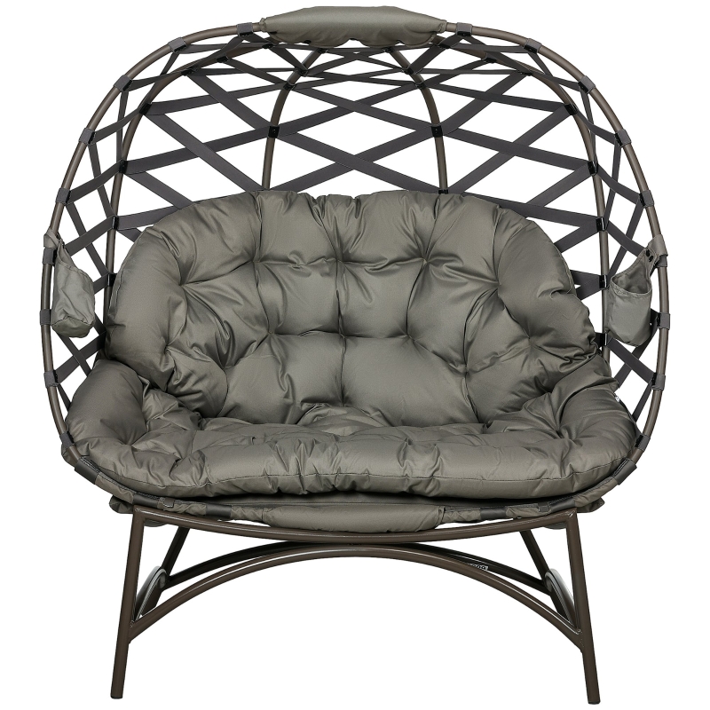 Best 2 Seater Egg Chair Outdoor, Folding Weave Garden Furniture Chair with Cushion, Cup Pockets - Sand Brown - Image 11