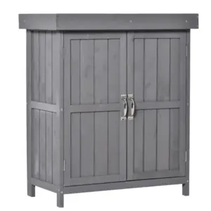 Best Wooden Garden Storage Shed with Hinged Roof and Shelves, Outdoor Storage Cabinet Chest, Double Doors, 74 x 43 x 88cm, Grey
