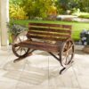 Best 2 Seater Garden Bench with Wooden Cart Wagon Wheel Rustic High Back Brown - Image 11