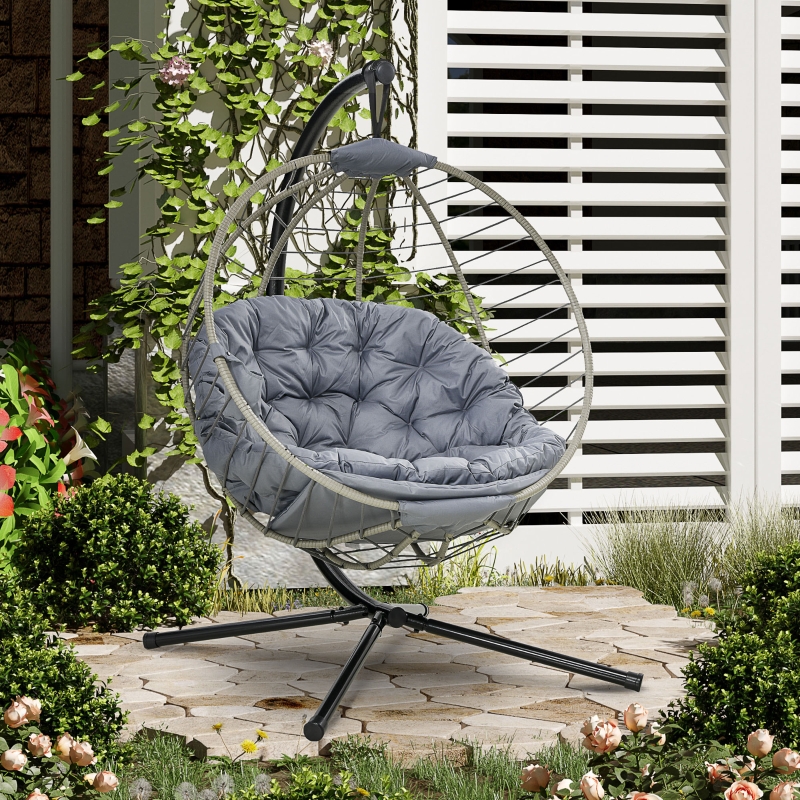 Best PE Rattan Swing Chair, Outdoor Hanging Chair with Metal Stand, Thick Padded Cushion, Foldable Basket and Cup Holder, for Indoor and Outdoor, Grey - Image 10
