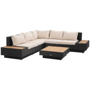 Best 4 PCs Rattan Garden Furniture Outdoor Sectional Corner Sofa and Coffee Table Set Conservatory Wicker Weave Furniture with Armrest and Cushions - Black