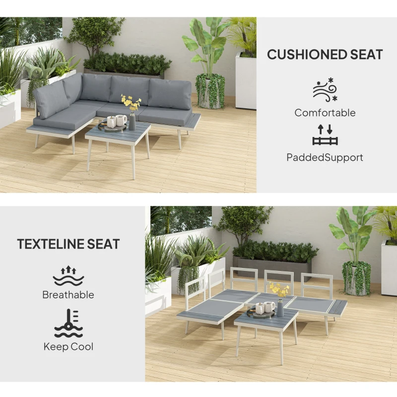 Best 3 Piece Garden Furniture Set with 5-Level Adjustable Lounger, L Shaped Garden Corner Sofa with Cushions, Mesh Seat, Slatted Wood-Grain Table, Outdoor Furniture Set for Conservatory, Grey - Image 6