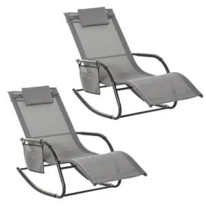 Best 2PCs Outdoor Garden Rocking Chair, Patio Sun Lounger Rocker Chair with Breathable Mesh Fabric, Removable Headrest Pillow, Armrest, Side Storage Bag, Grey