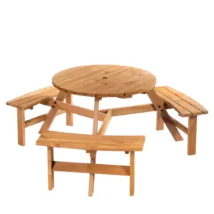 Best 6 Seater Wooden Picnic Table and Garden Benches Set, Round Garden Dining Set with 3 Benches and Umbrella Hole Outdoor Garden Park, Brownish Red