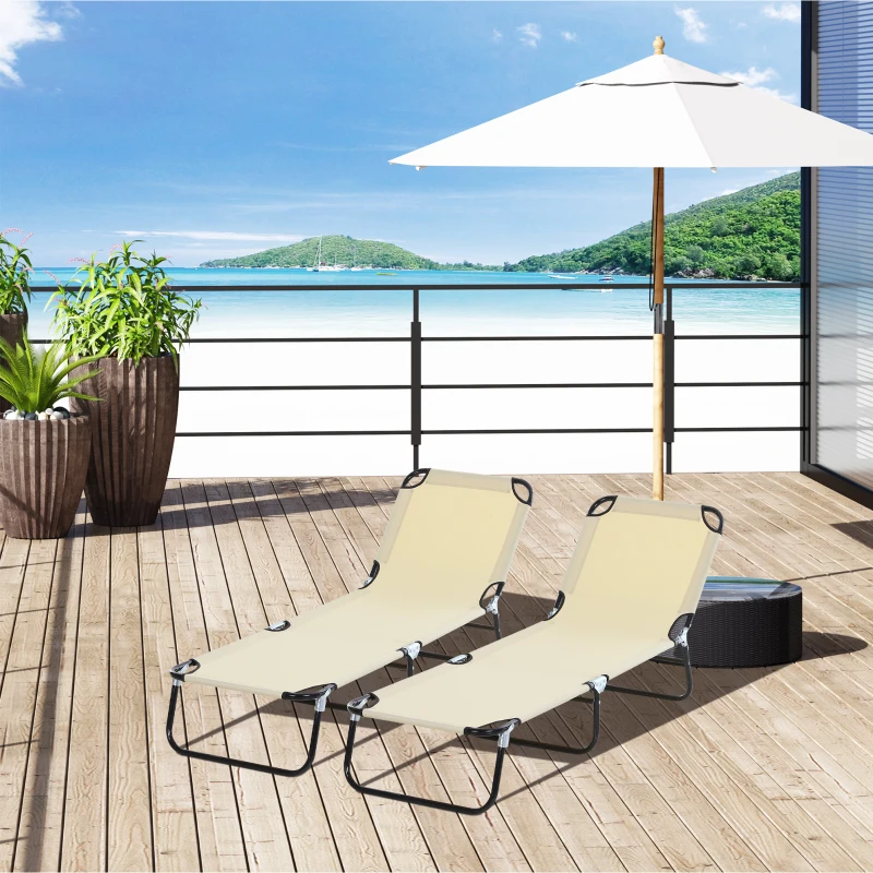Best 2 Piece Foldable Sun Loungers with 5-Position Adjustable Backrest, Outdoor Portable Recliner Chaise Lounge Chairs with Breathable Mesh Fabric, Beige - Image 2