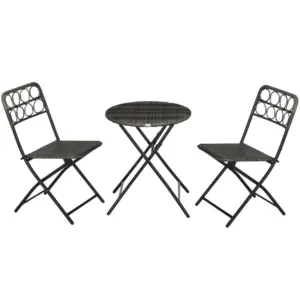 Best 3 Pieces Rattan Bistro Set, Wicker Folding Garden Furniture Set with Coffee Table and Chairs for Outdoor, Patio, Balcony, Grey