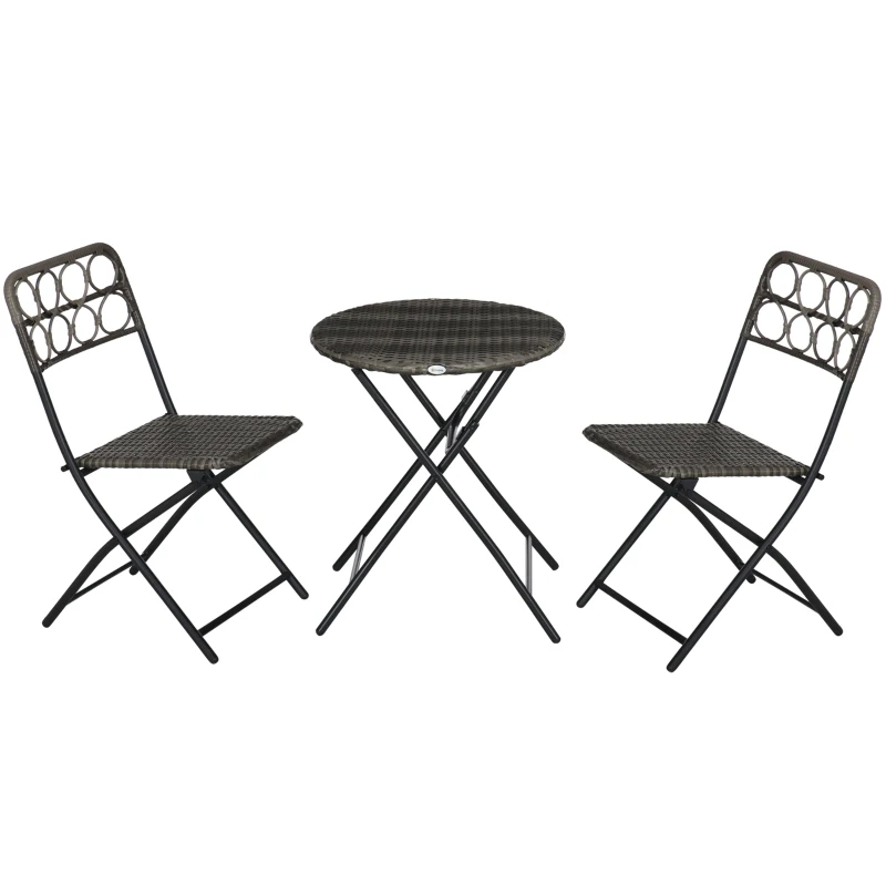 Best 3 Pieces Rattan Bistro Set, Wicker Folding Garden Furniture Set with Coffee Table and Chairs for Outdoor, Patio, Balcony, Grey