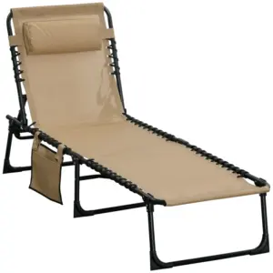 Best Portable Sun Lounger, Folding Camping Bed Cot, Reclining Lounge Chair 5-position Adjustable Backrest with Side Pocket, Pillow for Patio Garden Beach Pool, Beige
