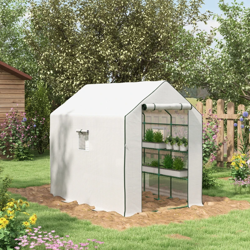 Best Walk-in Greenhouse with 3 Tier 12 Shelves, Small Greenhouse with Reinforced PE Cover, Garden Plant Growhouse with Roll-up Door and Three Mesh Windows, 140 x 213 x 190 cm, White - Image 2