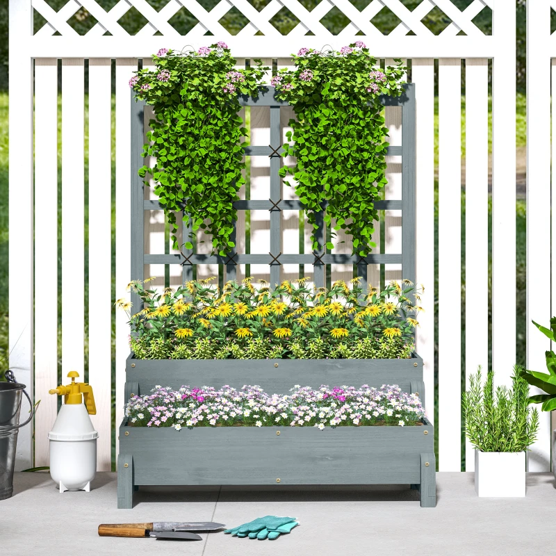 Best 2-Tier Raised Garden Bed with Trellis, Wooden Elevated Planter Box with Drainage Holes, Outdoor Raised Planter for Climbing Plants, Fruits, Vegetables, Flowers, Grey - Image 8