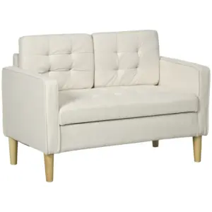 Best Modern Loveseat Sofa, Compact 2 Seater Sofa with Hidden Storage, 117cm Tufted Cotton Couch with Wood Legs, Cream White