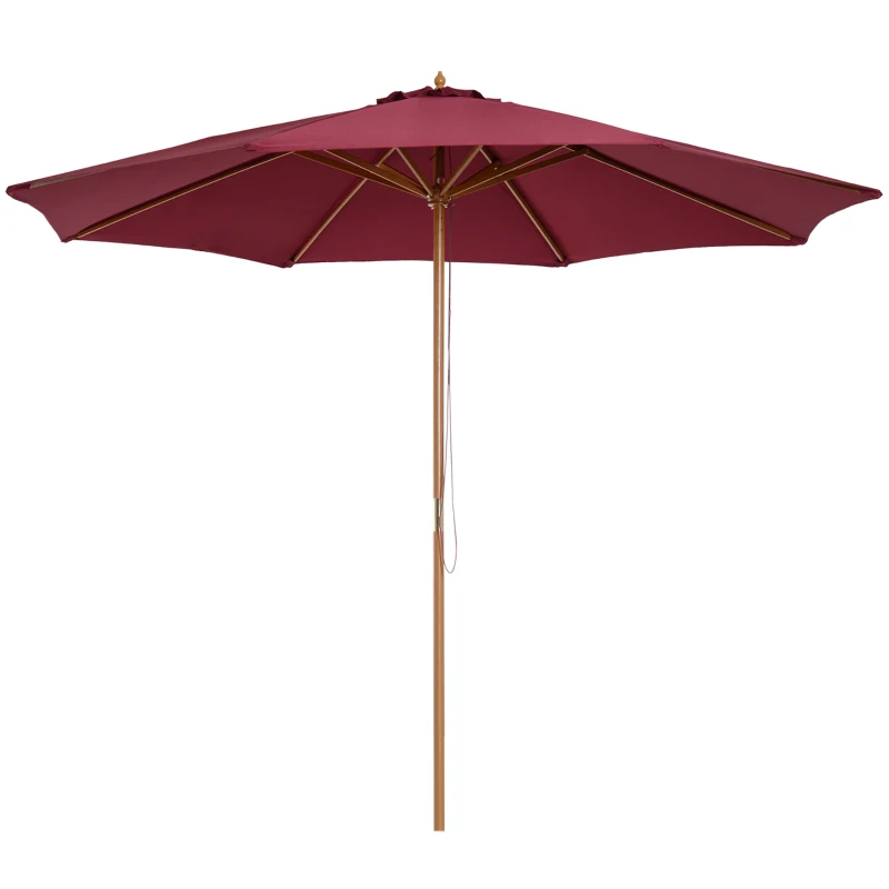 Best 3(m) Garden Parasol, Pulley Operated Patio Umbrella, Wooden Table Market Umbrella with Rope Pulley Mechanism and 8 Ribs, Wine Red
