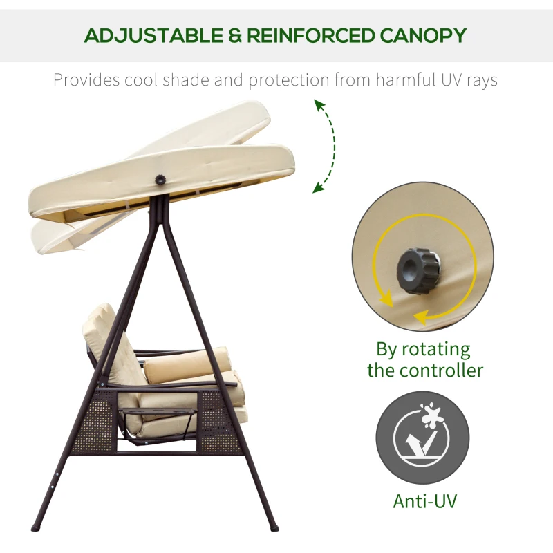 Best Swing Chair Hammock Chair 3 Seater Canopy Cushion Shelter Outdoor Bench Steel Beige - Image 4
