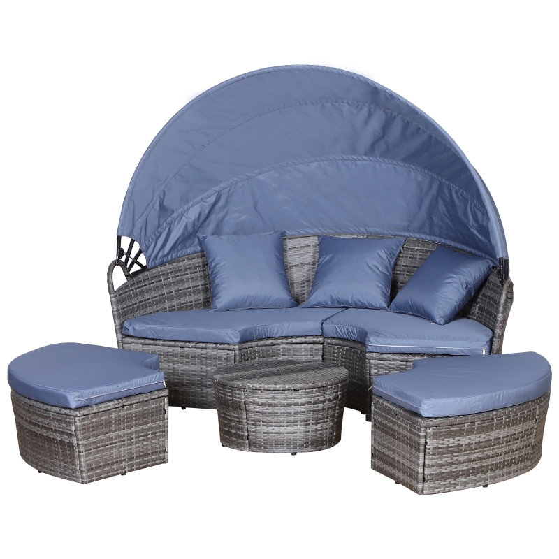 Best PE Rattan Lounge Set, 5 Pieces Patio Conversation Furniture Set, Garden Round Sofa Bed with Cushion and Retractable Canopy, Grey - Image 11