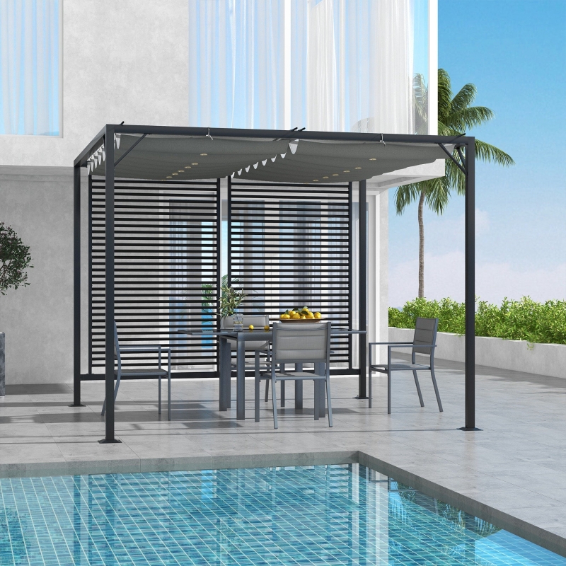 Best 3 x 2.8m Metal Pergola, with Retractable Fabric Roof - Grey - Image 10