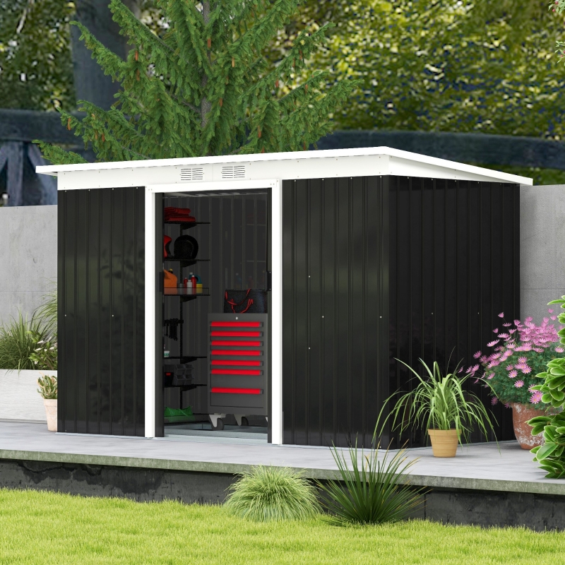 Best 9ft x 4ft Metal Garden Shed, Outdoor Tool House with Foundation Kit, Ventilations and Double Doors, Dark Grey - Image 10