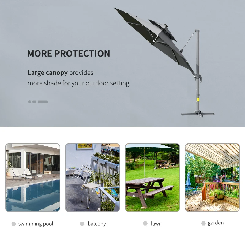 Best 3m Cantilever Parasol w/ Solar Lights Power Bank Base 360° Spin Dark Grey - Image 8
