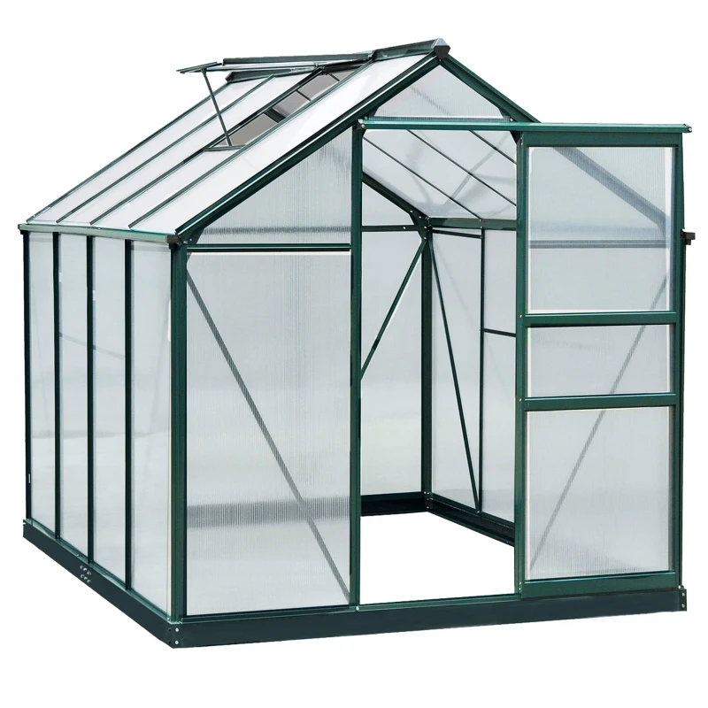 Best 6 x 8ft Polycarbonate Greenhouse, Large Walk-In Green House with Slide Door and Window, Garden Plants Grow House with Aluminium Frame and Foundation, Dark Green