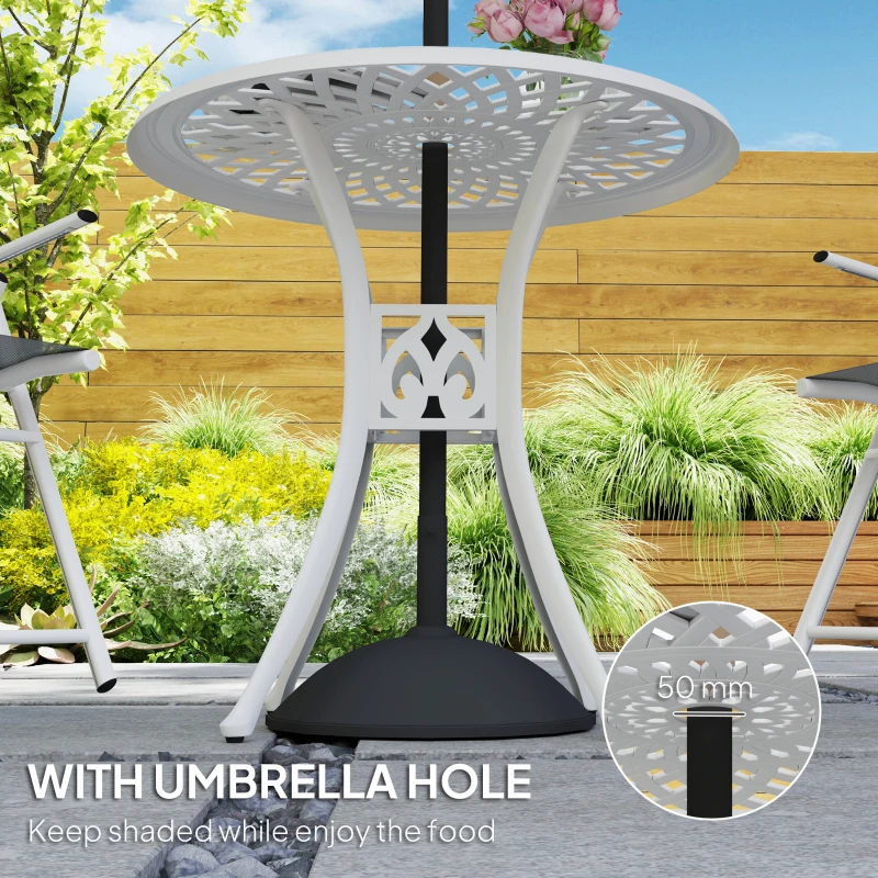 Best 78 cm Round Garden Dining Table with Parasol Hole Antique Cast Aluminium Outdoor Table Only, White - Image 5