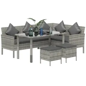 Best tsunny 6-Seater Rattan Dining Set Sofa Table Footstool Outdoor w/ Cushion Garden Furniture, Dark Grey