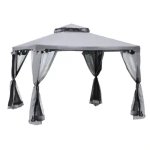 Best 3 x 3 m Metal Gazebo, Garden Pavillion, Double Roof Outdoor Canopy Shelter with Mesh Sidewalls, Grey