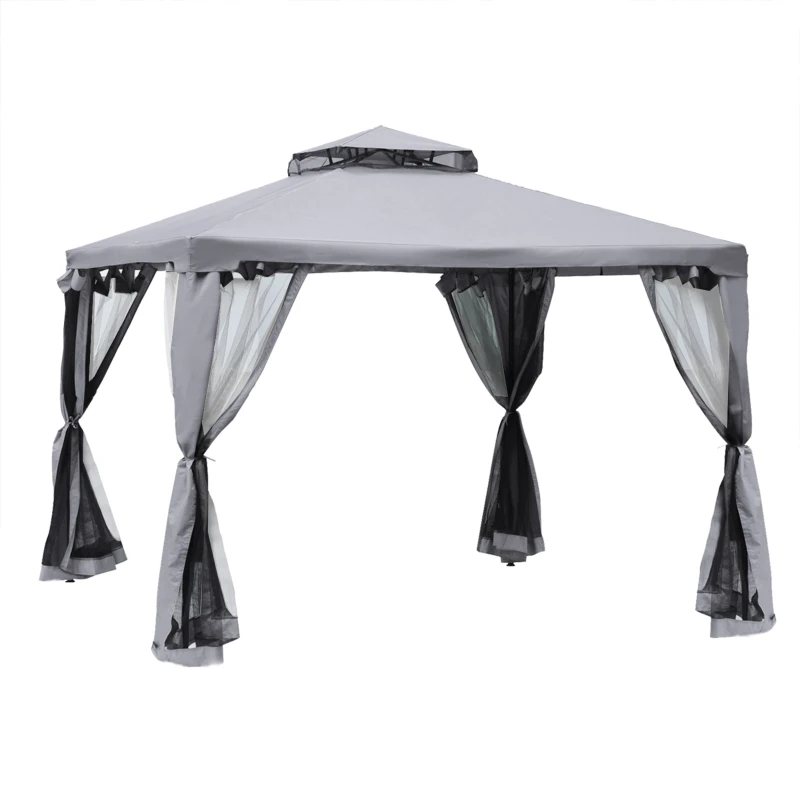 Best 3 x 3 m Metal Gazebo, Garden Pavillion, Double Roof Outdoor Canopy Shelter with Mesh Sidewalls, Grey