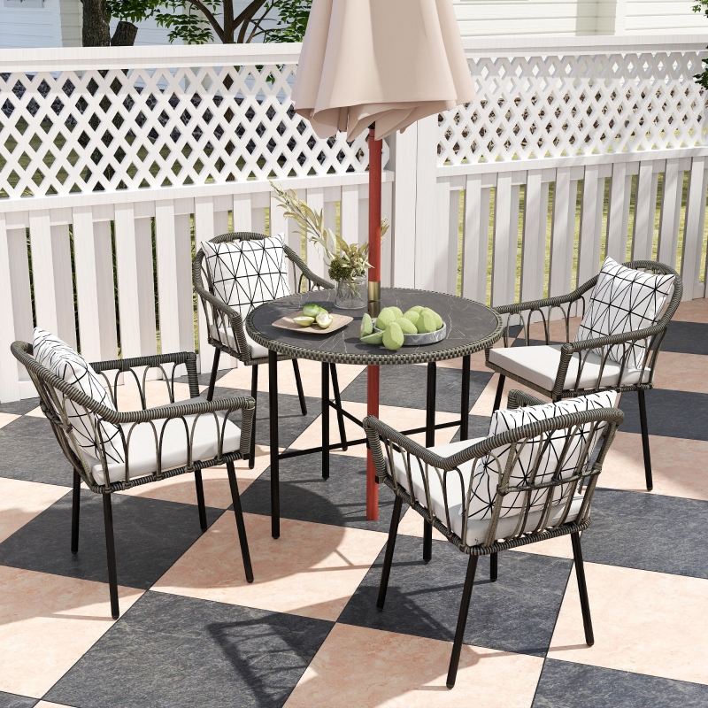 Best 5 Piece Patio Rattan Dining Set, Wicker Garden Table and Chairs w/ Removable Seat & Back Cushions, Round Tempered Glass Tabletop, Parasol Hole, Outdoor Furniture Conservatory Set, Grey - Image 9