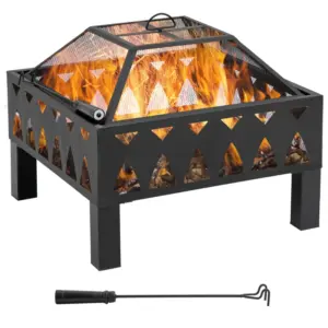 Best 66cm Outdoor Fire Pit with Screen Cover, Wood Burner, Log Burning Firepit Bowl with Poker for Patio, Backyard, Black