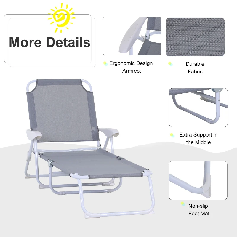 Best Foldable Sun Lounger, Outdoor 4 Level Adjustable Backrest Reclining Lounge Chair with Armrests for Patio, Garden, Grey - Image 4