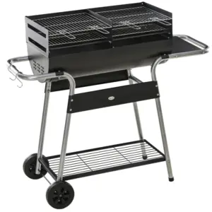 Best Charcoal Barbecue Grill BBQ Trolley with Double Grill, Adjustable Grill Height, Side Table, Storage Shelf, and Wheels for Outdoor Cooking, 130 x 51 x 111cm, Black