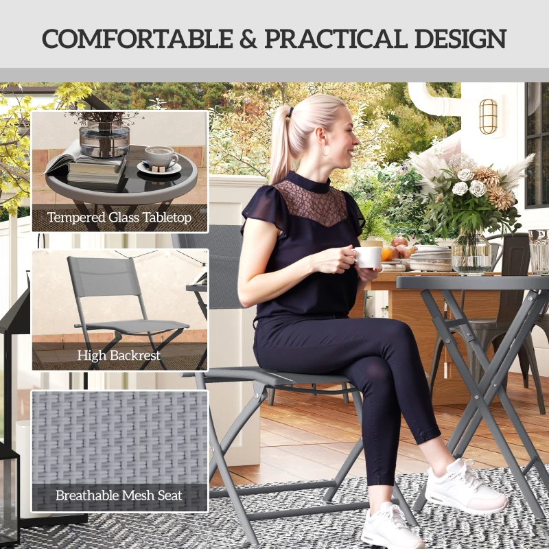 Best 3 Pieces Outdoor Bistro Set, Glass Top Outdoor Table and 2 Folding Chairs with Protecting Feet, Grey - Image 6