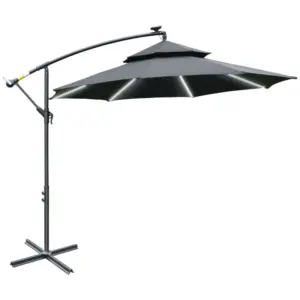 Best 3(m) Cantilever Banana Parasol Hanging Umbrella with LED Solar lights, Crank, 8 Sturdy Ribs and Cross Base for Outdoor, Garden, Patio, Black